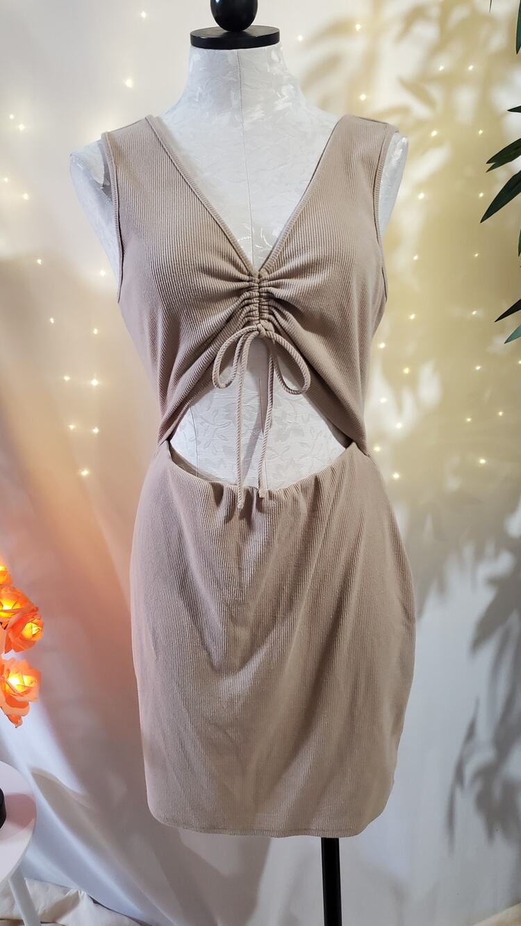 Lulus Go With You Ribbed Ruched Cutout Bodycon Mini Dress Womens Size XL Beige